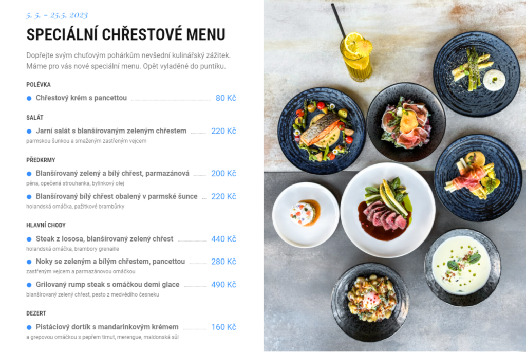 Speciální menu restaurace na Krétě, Hořovice. Bílý a zelený chřest v hlavní roli.